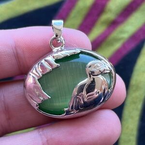 Solvar Green Cat Eye Puffin Rhodium Plated Sterling Silver Pendant
